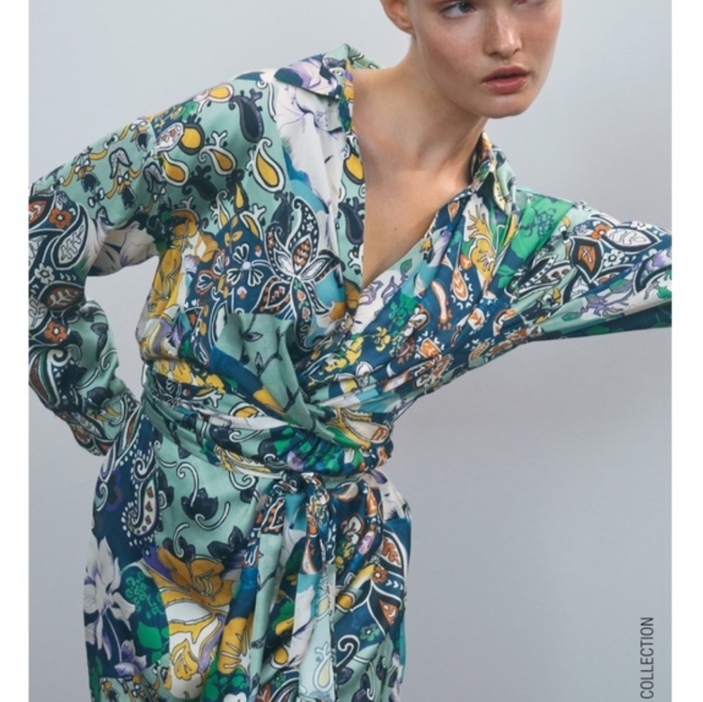 Zara Patchwork Print Satin Effect Multicolored Dr… - image 1